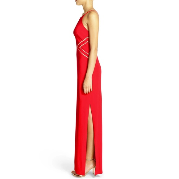 AIDAN MATTOX RED MESH INSET MAXI GOWN - Picture 6 of 13